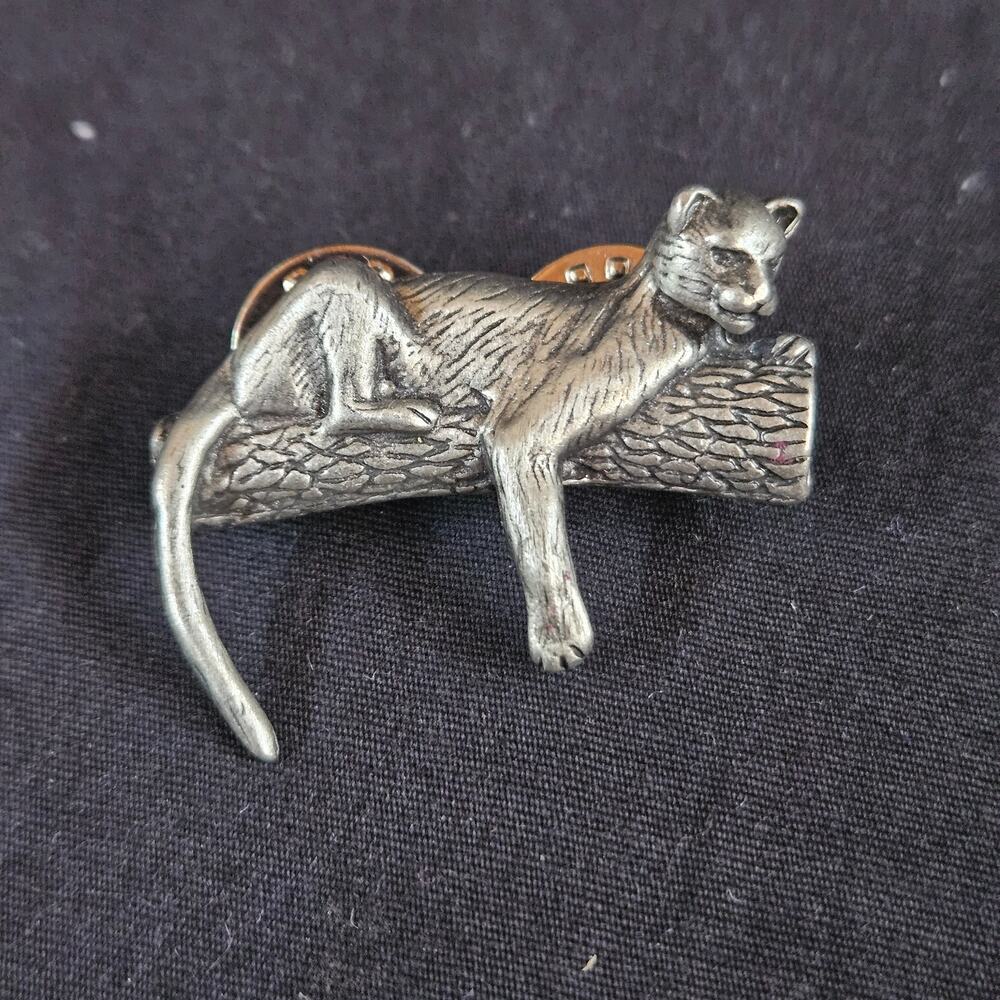 Vintage Cat Lounging‎ on Log Pin Silver Crazy Cat Lady Accessory